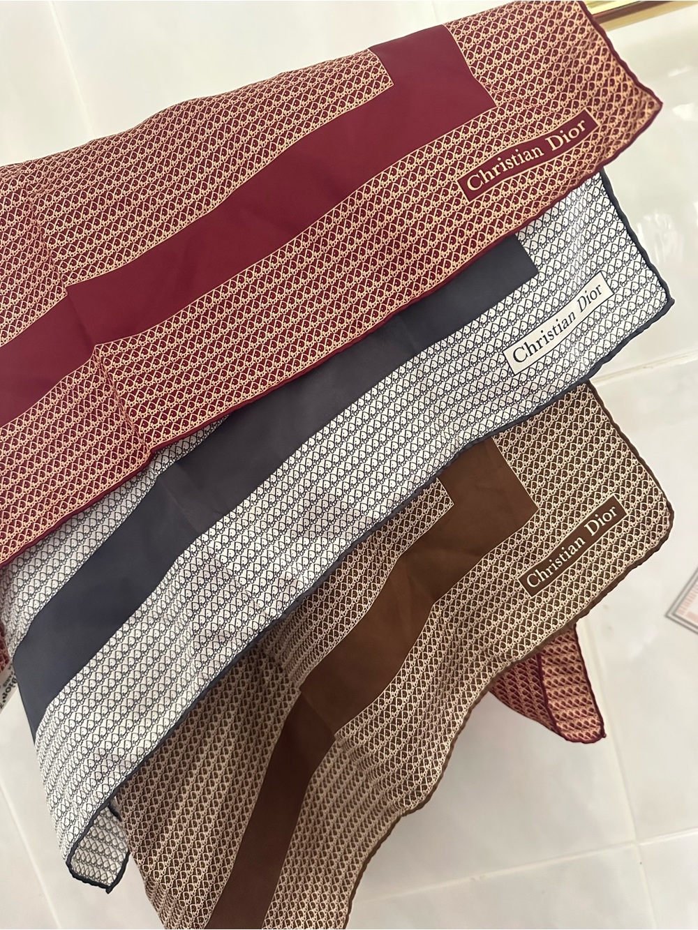 Dior Pocket Square Trio in Burgundy, White, Brown